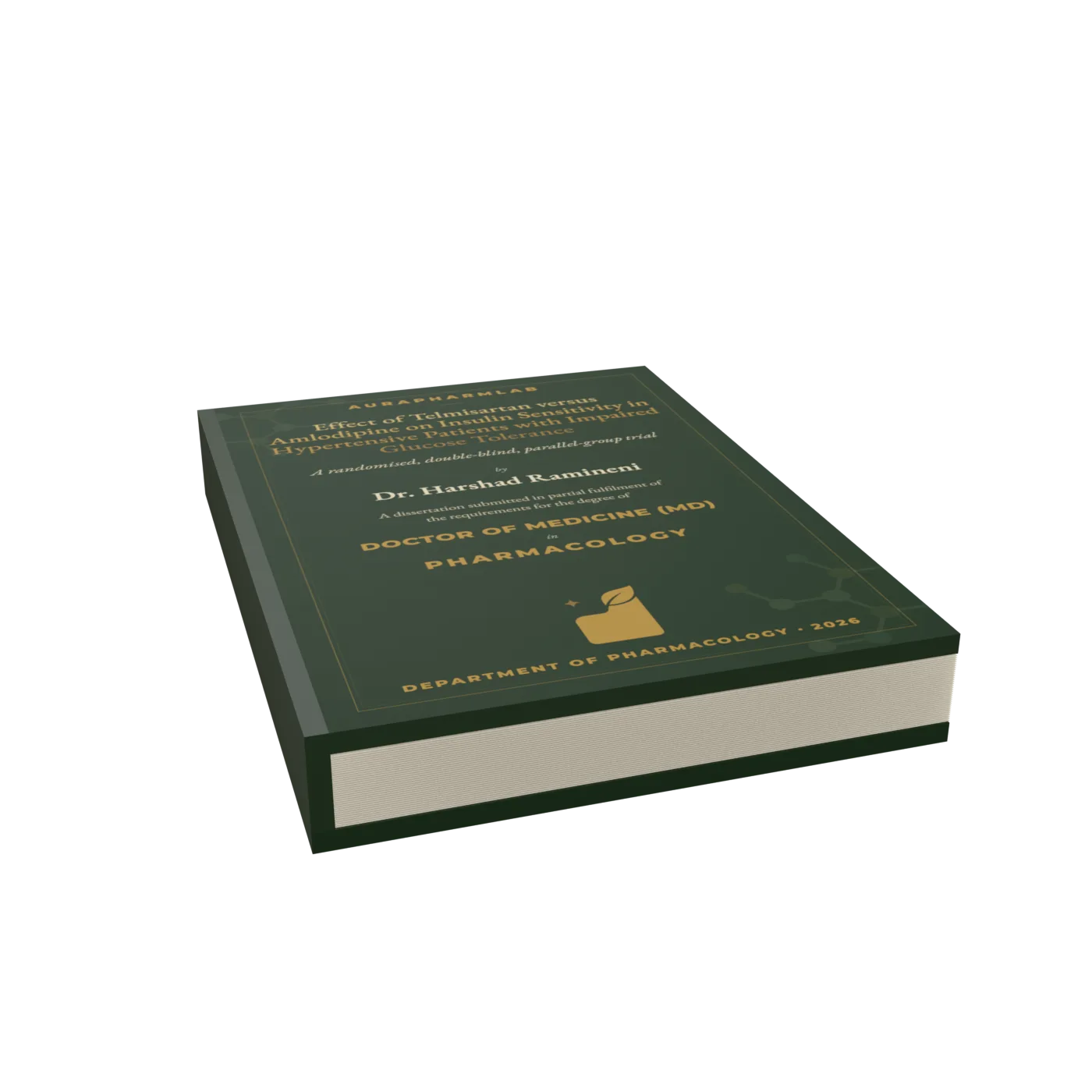 A bound MD Pharmacology dissertation — forest-green hardcover with gold lettering.